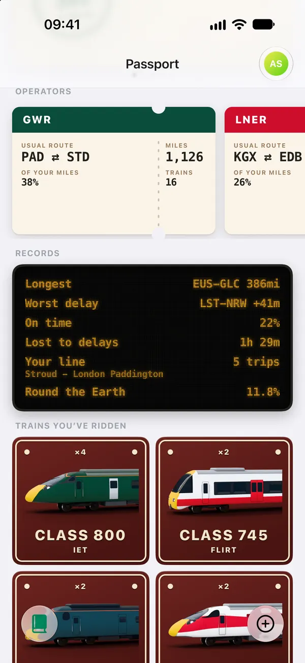 The collection: operator cards for GWR and LNER, a records card with the longest trip and worst delay, and tiles of the train classes ridden, including Class 800 and Class 745.