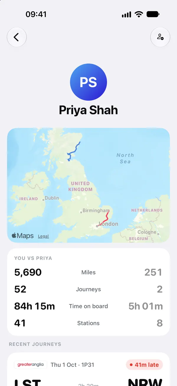 Comparing with a friend, Priya Shah: both of your journeys on one map, then 5,690 miles against 251, 52 journeys against 2, and 84 hours on board against 5.