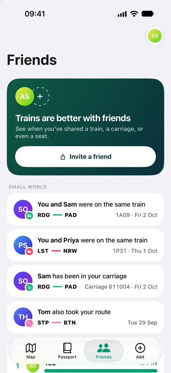 The Friends screen: “You and Sam were on the same train” from Reading to Paddington, “Sam has been in your carriage”, and “Tom also took your route” from St Pancras to Brighton.