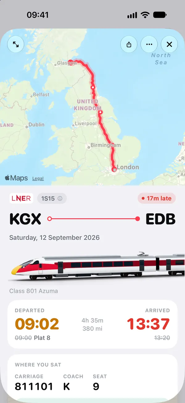 A logged LNER journey from King’s Cross to Edinburgh: the route on a map, the Class 801 Azuma that ran it, departed 09:02 from platform 8 and arrived 13:37, 17 minutes late, in coach K, seat 9.