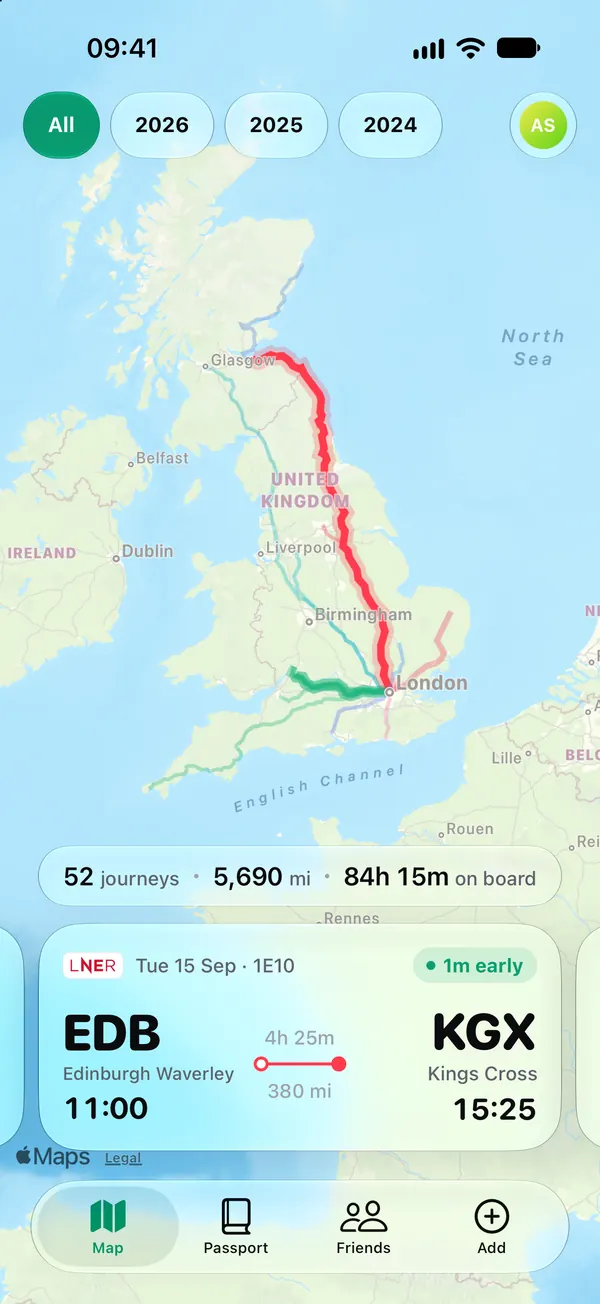 The Trainiac map: every journey you’ve taken drawn along the tracks of Great Britain, with 52 journeys, 5,690 miles and 84 hours on board, above your latest trip from Edinburgh to King’s Cross.