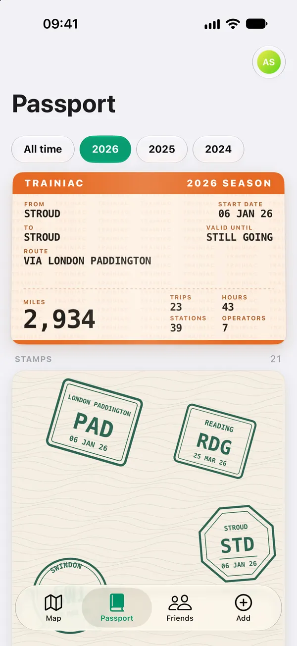 The Passport screen: a 2026 season ticket from Stroud via London Paddington with 2,934 miles, 23 trips and 39 stations, above ink stamps for Paddington, Reading and Stroud.