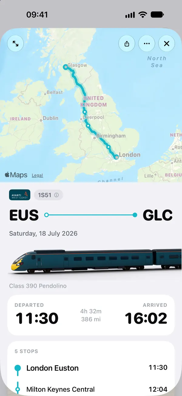 A logged Avanti West Coast journey from Euston to Glasgow Central: the route on a map, the Class 390 Pendolino that ran it, and its times.